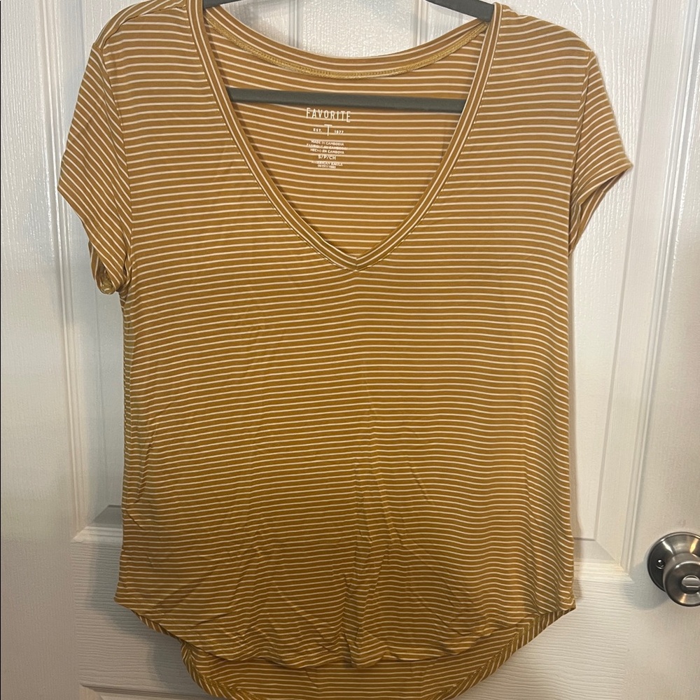 American Eagle Outfitters Tan Striped V-Neck Tee
